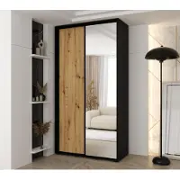 MINIO go for it , armoire VADO, 130x235,2x45 cm, 2 portes coulissantes (1 miroir), 6 étagères, 2 tringles métalliques coulissantes, noir/chêne Artisan