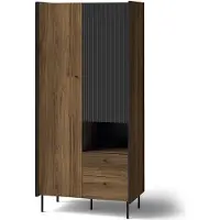 Bettso Armoire double portes avec tiroirs, façade à motifs nervurés PRESTIGO, 88 x 190 cm, Noir et Noyer