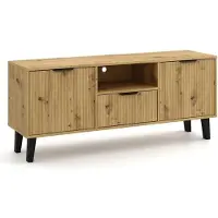 BDW , meuble TV Scandi, 140 cm, rainures décoratives, pieds dorés,chêne Artisan