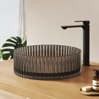 Emke Vasque à poser ronde 400x400x120mm en verre trempé cristal noir mat électrodéposé, sans trou pour robinet & sans trop-plein, Design moderne