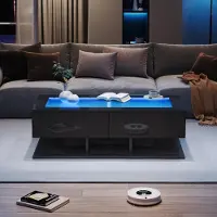 Sweiko 100x50x35cm Table basse, Table de salon brillante, Table de salon avec tiroirs, Table basse avec lumière LED, Plateau en verre, Noir