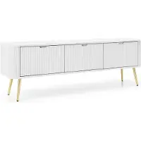 Emporius Furniture Meuble TV à lamelles Gerly - Meuble TV 170 cm sur pieds, loft, façades striées, 3 portes (blanc / or)