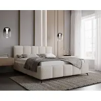 Emporius Furniture Lit rembourré 200x200 Kastilo avec sommier à lattes métalliques - Lit double, chambre à coucher - Coffre de rangement, tête de lit, bouclé crème