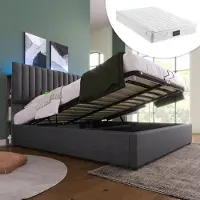 Sweiko Lit rembourré Rangement Lit double LED avec USB Type C , Rangement & Tête de lit réglable ,140x200cm Gris Avec matelas