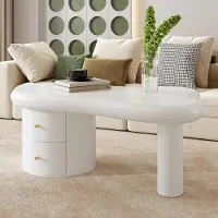 Sweiko Table basse blanche moderne de forme irrégulière - 2 tiroirs, peu encombrante, élégante, stable - Idéale pour le salon & l'usage polyvalent
