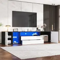 Sweiko 180 x 40 x 45 cm Meuble TV au sol, meuble TV Lowboard LED brillant, support TV avec 2 tiroirs et 2 armoires, adapté aux téléviseurs 75 pouces, meuble TV épissé noir et blanc