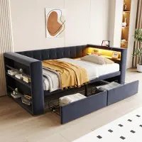 Sweiko Lit rembourré 90×190 cm, avec éclairage LED, prise électrique et grand espace de rangement, avec tiroirs spacieux, lit rembourré, canapé-lit multifonctionnel, lit simple, gris foncé