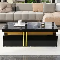 Sweiko Table basse rectangulaire moderne avec plateau brillant avec 2 tiroirs en bois, plateau marbré, pour le salon, 100x50x40 cm