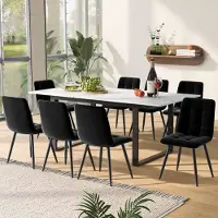 UnboxG Table à manger télescopique 140/180×80×75cm - Plateau MDF blanc (motif marbré), pieds fer/tubes carrés, maison/bureau