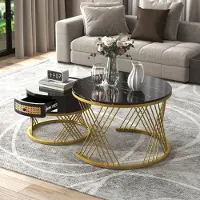 Sweiko 2 en 1 Table basse ronde en MDF, table d'appoint avec plateau en marbre et tiroirs en rotin synthétique, poignées en bois massif. pieds en fer dorés. 70x70x45,5+50x50x38,5cm