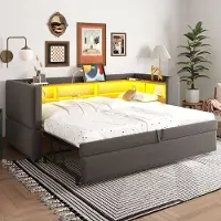 Sweiko Lit rembourré Canapé-lit 90/180*190cm, équipé de lampes LED, de prises électriques et de nombreux compartiments de rangement, Lit rembourré, Canapé-lit multifonction, Lit simple, Gris foncé.