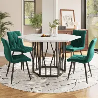 Fortuna Ensemble table et chaises Lai (ensemble 5 pièces), table à manger hexagonale moderne en marbre + 4 chaises de salle à manger en velours vert, pour créer un restaurant chaleureux et moderne.