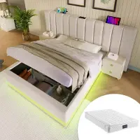 Sweiko Lit rembourré 160×200, Lit double avec App Control LED ,Lin, Beige, Avec matelas, Sans table de nuit