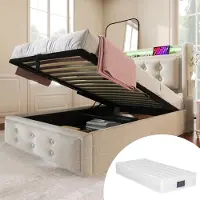 Sweiko Lit 90x200, Lit simple avec tête de lit Led et USB C , Lit hydraulique , Beige,Avec matelas