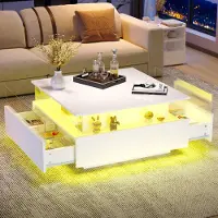Sweiko Table basse moderne à LED haute brillance 70x70x41cm avec 2 tiroirs et zone de présentation transparente - supporte jusqu'à 30 kg, idéale pour les salons élégants