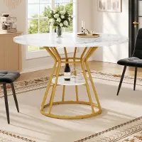 SUCCESS COURIER Table ronde en marbre avec pieds métalliques robustes – table de cuisine ou table de petit-déjeuner polyvalente, design moderne doré