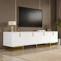 SUCCESS COURIER Meuble TV blanc et doré, 160 cm de large, meuble bas avec portes texturées, meuble TV moderne, buffet avec pieds dorés, table TV à fermeture amortie