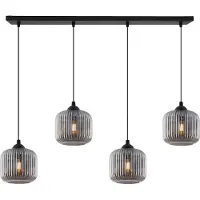 Light11 HOME Suspension RIFFLE noire à 4 ampoules, cylindre en verre gris, E27