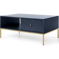 Emporius Furniture Table basse 150 cm Monti - Table de salon avec tiroirs, pieds métal 18 cm, poignées dorées (bleu + or)