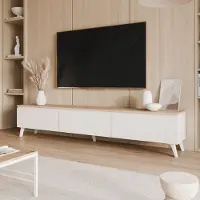 Idohome Meuble TV SELIA sur pieds, blanc. Bois de chêne massif, style moderne et élégant. Meuble TV sur pied