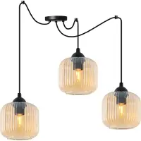 Light11 HOME Suspension RIFFLE « Araignée » noire, 3 ampoules, cylindre en verre ambré, culot E27
