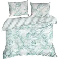 Eurofirany | Linge de lit - Literie - 220 x 200 - Satin de coton - blanc et vert - Ensemble de housse de couette - Motif à feuilles