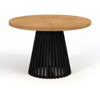 Dekori.Interiors Table de salle à manger ronde pliante, DOVER - style industriel/loft avec pieds à lattes, diamètre : 110 / 160 cm, couleur : chêne lancelot / noir