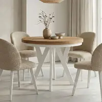 Dekori.Interiors Table ronde à rallonges pour la salle à manger, PERO avec un piètement à anneaux, style loft, scandinave, diamètre : 100/150 cm, couleur : Craft Golden / Blanc