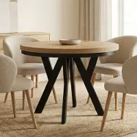 Dekori.Interiors Table ronde à rallonges pour la salle à manger, PERO avec un piétement en anneau, style loft, diamètre : 90 / 140 cm, couleur : chêne Artisan / noir