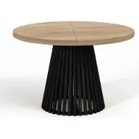 Dekori.Interiors Table ronde à rallonges pour la salle à manger, DOVER - Industrial/Loft Still avec pieds à lamelles, diamètre : 90 / 140 cm, Couleur : Chêne Sonoma / Noir