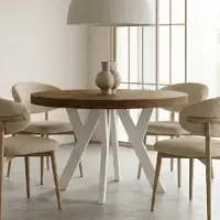 Dekori.Interiors Table à manger ronde extensible blanche PERO 110/160 cm pour salle à manger, chêne Lefkas – style loft, scandinave