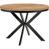 Dekori.Interiors Table ronde à rallonges pour la salle à manger ENDIK avec piétement à anneaux et pieds en métal, diamètre : 110 / 160 cm, couleur : chêne Craft or / noir