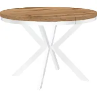 Dekori.Interiors Table ronde à rallonges pour la salle à manger ENDIK avec piétement à anneaux et pieds métalliques, diamètre : 120 / 220 cm, couleur : chêne wotan / blanc
