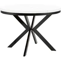 Dekori.Interiors Table ronde à rallonges pour salle à manger ENDIK avec piétement à anneaux et pieds métalliques, diamètre : 90 / 190 cm, couleur : blanc / noir