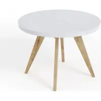 Dekori.Interiors Table ronde à rallonges pour la salle à manger, LORA, style loft, scandinave, diamètre : 110 / 160 cm, couleur : blanc / hêtre naturel