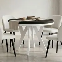 Dekori.Interiors Table ronde à rallonge pour salle à manger, PERO avec piètement en anneau, style loft, scandinave, diamètre : 100 / 150 cm, couleur : noir / blanc