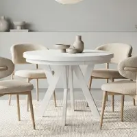 Dekori.Interiors Table ronde à rallonges pour la salle à manger, PERO avec un piètement à anneaux, style loft, scandinave, diamètre : 90 / 190 cm, couleur : blanc