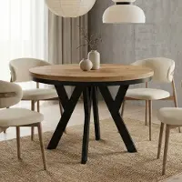 Dekori.Interiors Table ronde à rallonges pour la salle à manger, PERO avec un piètement à anneaux, style loft, scandinave, diamètre : 100 / 200 cm, couleur : chêne wotan/noir