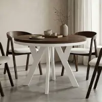 Dekori.Interiors Table ronde à rallonges pour la salle à manger, PERO avec un piètement à anneaux, style loft, scandinave, diamètre : 90 / 190 cm, Couleur : Lefkas / Blanc