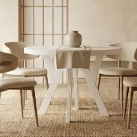 Dekori.Interiors Table ronde à rallonges pour la salle à manger, PERO, style loft, scandinave, diamètre : 110 / 160 cm, couleur : blanc