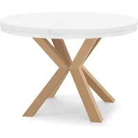 Dekori.Interiors Table ronde à rallonges pour salle à manger RAL avec piétement en anneau, style loft, industriel, diamètre : 90 / 190 cm, couleur : blanc / hêtre naturel