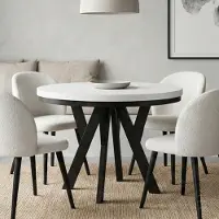 Dekori.Interiors Table ronde à rallonges pour la salle à manger, PERO avec un piètement à anneaux, style loft, scandinave, diamètre : 90 / 140 cm, couleur : blanc / noir