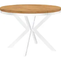 Dekori.Interiors Table ronde à rallonges pour la salle à manger ENDIK avec piétement à anneaux et pieds métalliques, diamètre : 110 / 160 cm, couleur : chêne Lancelot / blanc