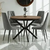 Dekori.Interiors Table ronde à rallonges pour salle à manger ENDIK avec piétement à anneaux et pieds en métal, diamètre : 100 / 200 cm, couleur : chêne lefkas / noir
