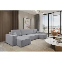 VENASI Canapé d'angle avec fonction convertible, modèle Hugo U, tissu en velours gris clair