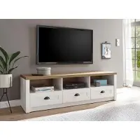 IMV Meuble TV bas de style provençal pour salon, 160 cm, pin blanc teinté chêne clair
