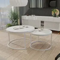 Idohome Table basse ronde 2en1 Lavo en haute brillance avec structure en métal Table basse de salon Table de salon style moderne 70x48 cm+50x42 cm (Ø x H) Couleur : Blanc / Blanc brillant