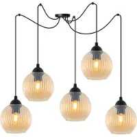 Light11 HOME Suspension RIFFLE « Araignée » noire à 5 ampoules, boule en verre ambrée, E27