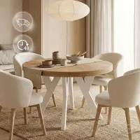 Dekori.Interiors Table extensible ronde Dekori pour salle à manger ou salon, style loft, diamètre : 100 / 200 cm, couleur : chêne doré/blanc
