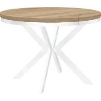 Dekori.Interiors Table ronde à rallonges pour la salle à manger ENDIK avec piétement à anneaux et pieds en métal, diamètre : 90 / 190 cm, couleur : chêne Sonoma / blanc